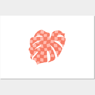 Checker Board Monstera Leaf - coral and peach Posters and Art